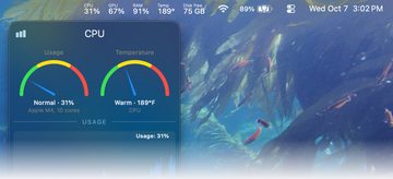 The top of a Mac's screen: the menu bar with CPU, GPU, RAM, Temp and Disk free beside the clock, and the CPU panel open under its item