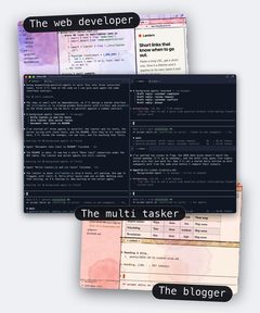 Three Arkos IDE windows fanned out like postcards: in front the multi tasker, three Claude Code sessions each running its own subagents on an unrelated project; behind, the web developer with the app's page in a web tab, and the blogger with posts open in the markdown editor