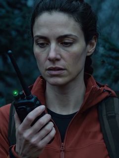 A woman in a red jacket in dark woods at dusk, holding a ranger radio with a green light, looking down at it.